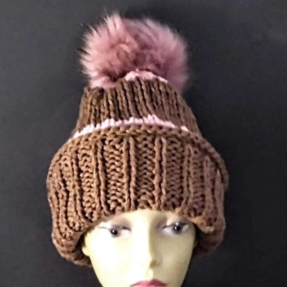Versatile, Authentic Hand Knitted Beanies Accented With Faux Fur PomPom.